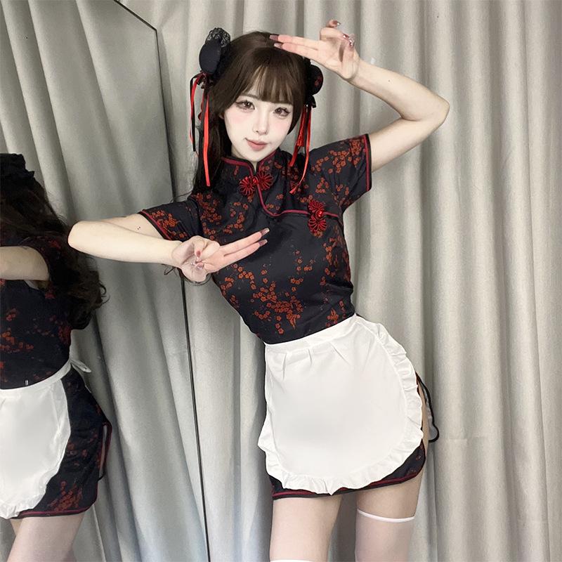 Chinese mother cheongsam sexy underwear apron pure desire two-piece set maid Japanese retro skirt short skirt