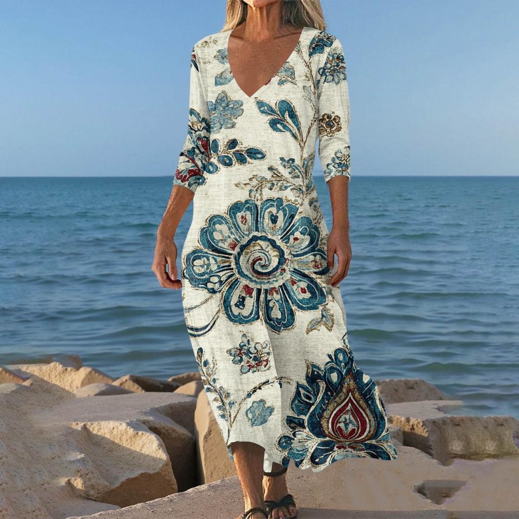 Dresses For Womens Vintage Print Tunic Waisted Midi Dress Summer Casual 3/4 Sleeve Dress