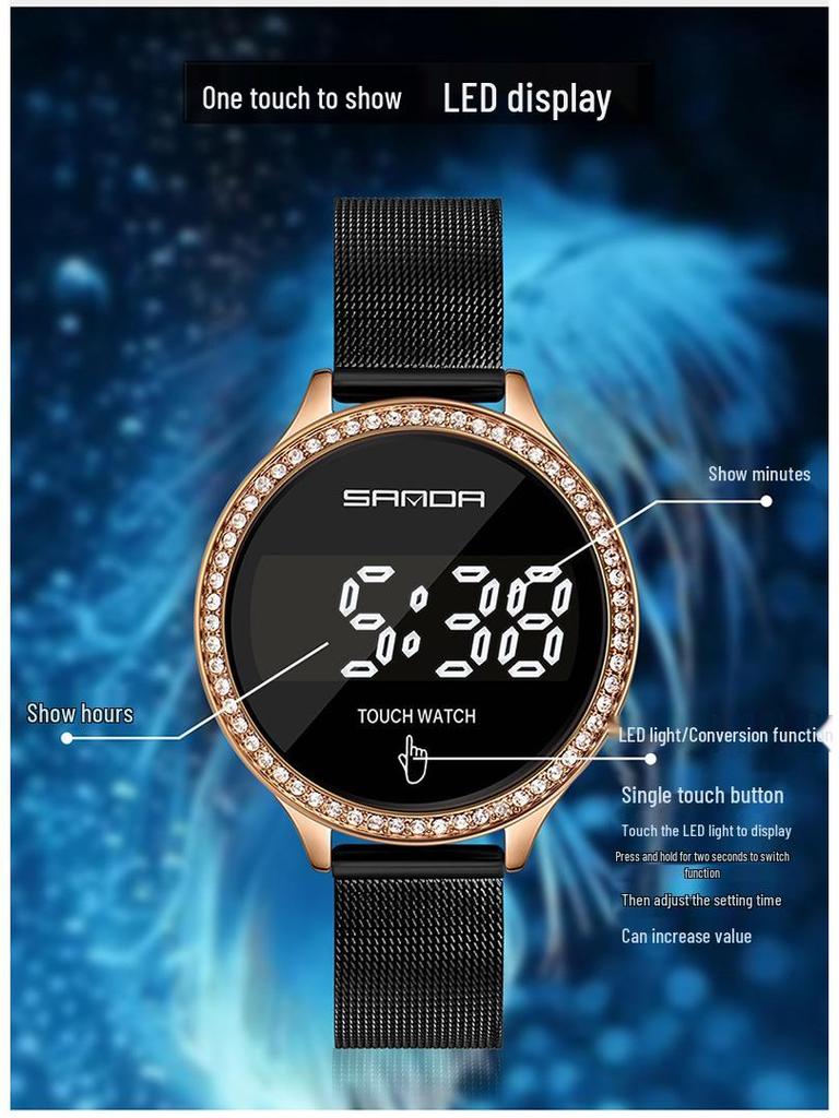 Sanda Stylish Touch Key Electronic Watch with Mesh Band - Creative Business Design.