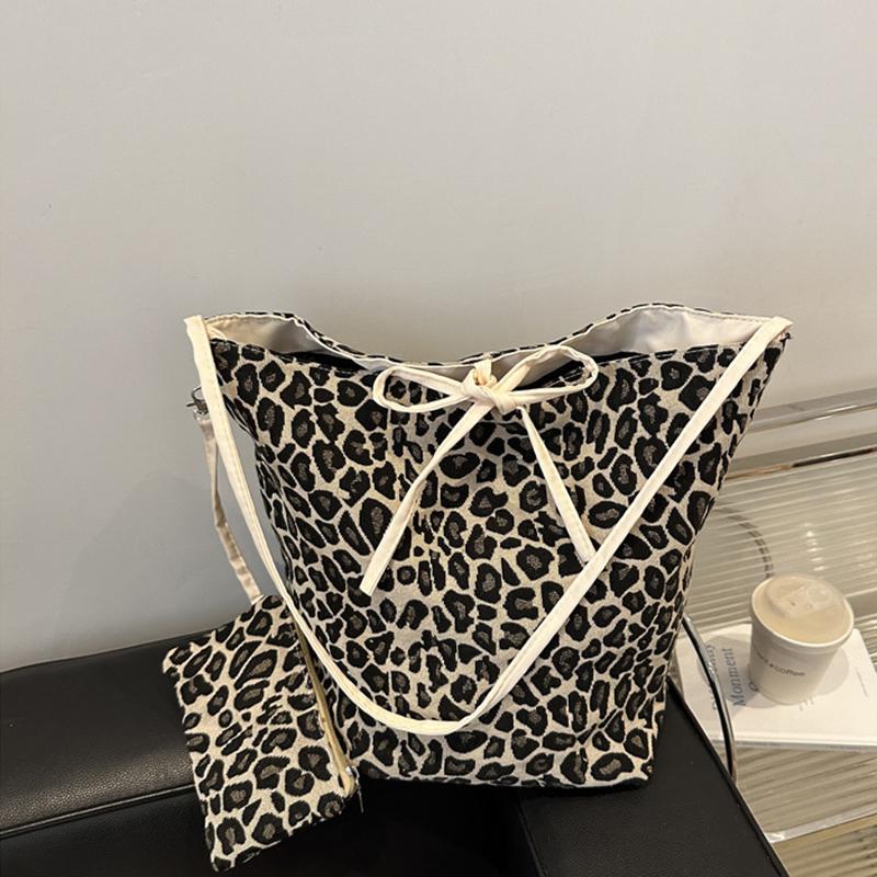 Korean Double Sided Leopard Print Bucket Shoulder Bag , Stylish Leopard Print Handbag for Women, Fashion Bow Large Capacity Crossbody Bag 39x22x29.5cm