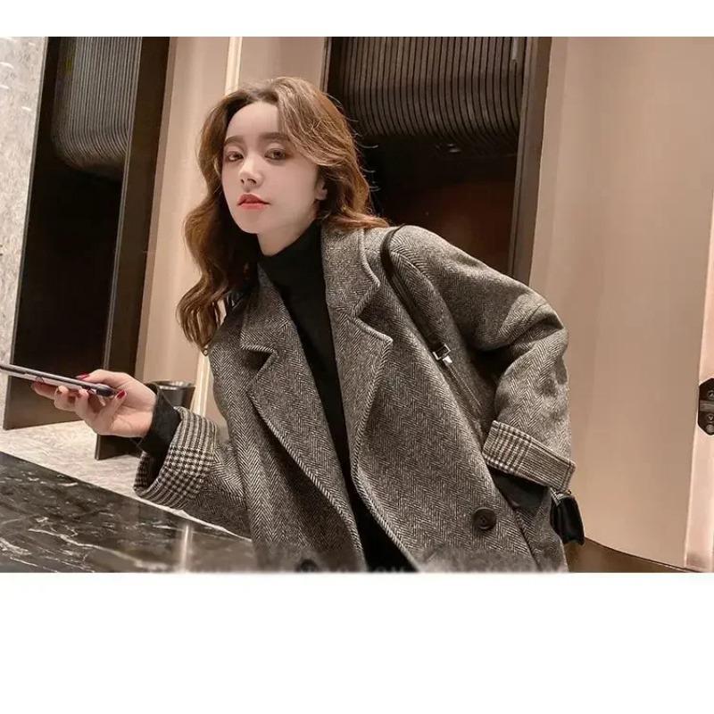 Women Medium Length Blazer Woolen Coat Loose Lapel Coat Casual Loose Long Sleeved Windbreaker British Style Tweed Trench Top Autumn Winter