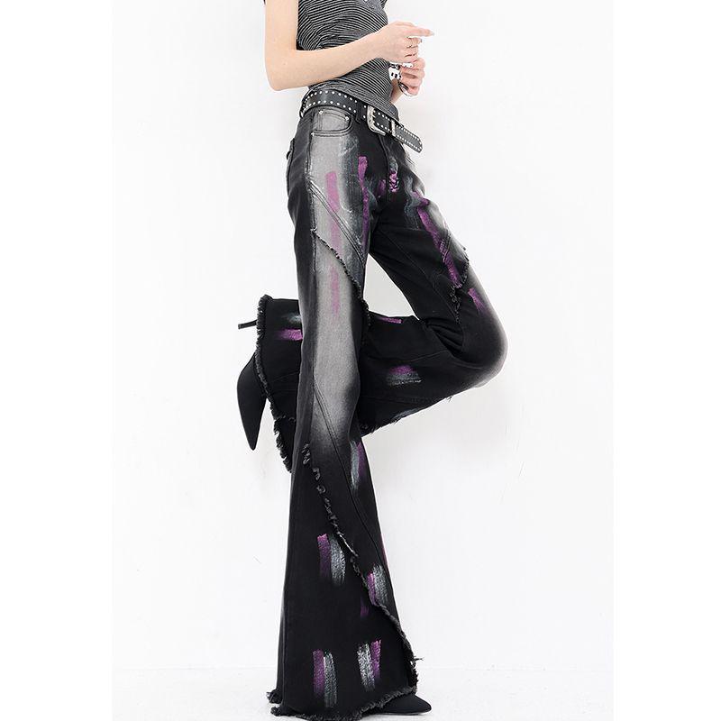 

European Trendy Retro Color Block Slim Fit Flare Denim Pants XL
