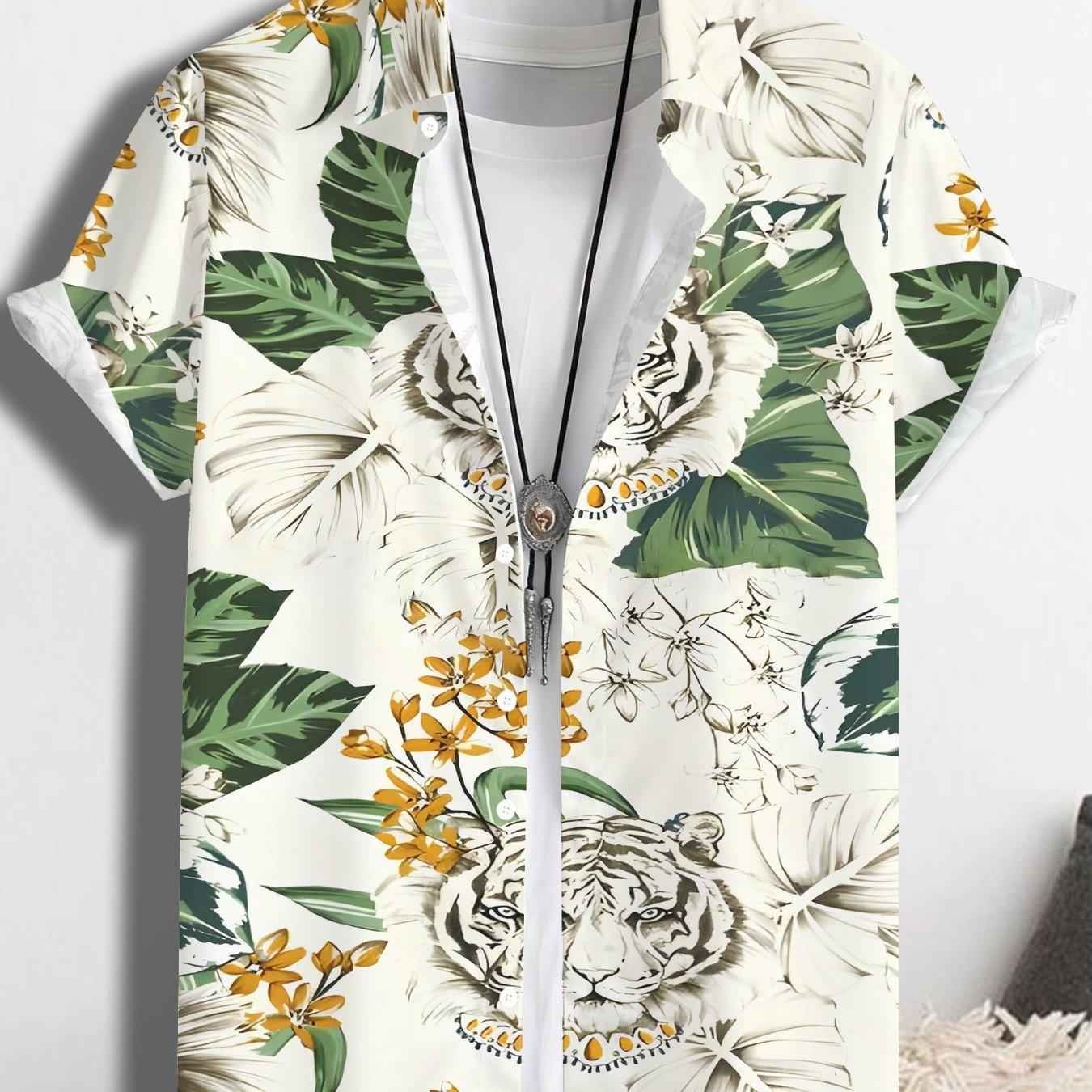 Men s White Tiger Tropical Floral Print Short Sleeve Shirt Casual Hawaiian Button Down Shirts For Men Beach Vacation Wear S