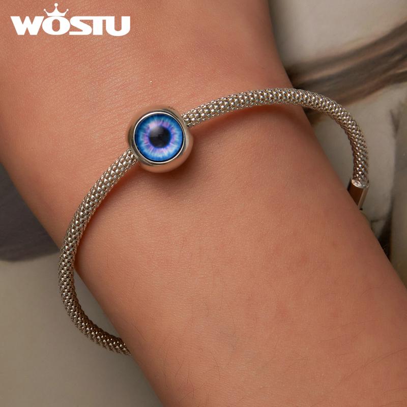 WOSTU Blue Devil's Eye Beaded 925 Sterling Silver Classic Demon Eye Charm Beads for Women Fit Original DIY Bracelet Jewelry