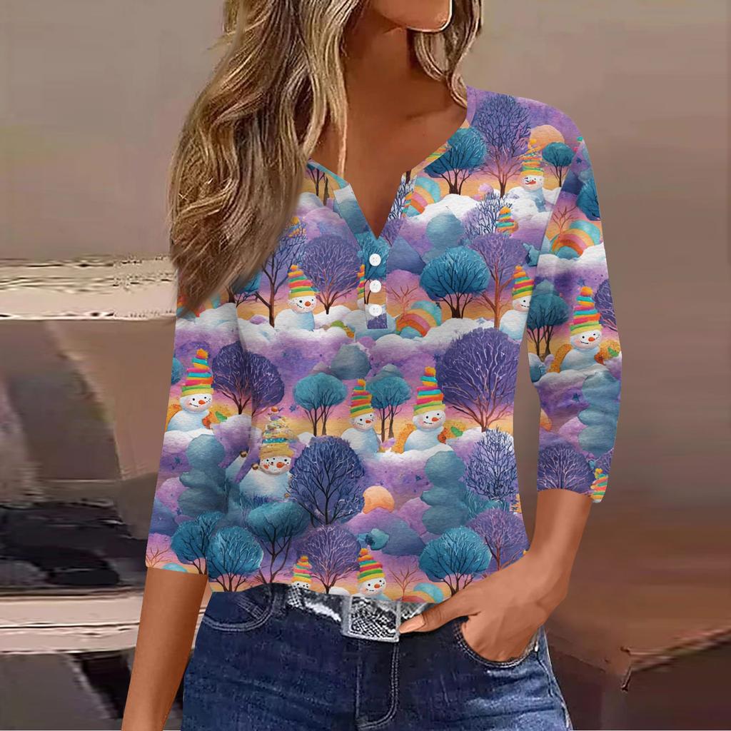 Dámský ležérní módní top s výstřihem do V, volný, všestranný, s vánočním potiskem, tříčtvrteční rukáv