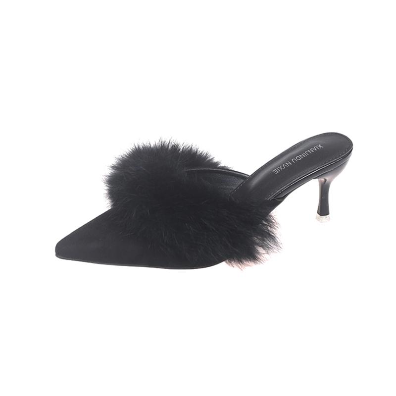 Fur Women High Heels Slippers Pointed Toe Slingback Mules Shoes Sexy Pumps 2025 Winter Designer Luxury Botines Mujeres