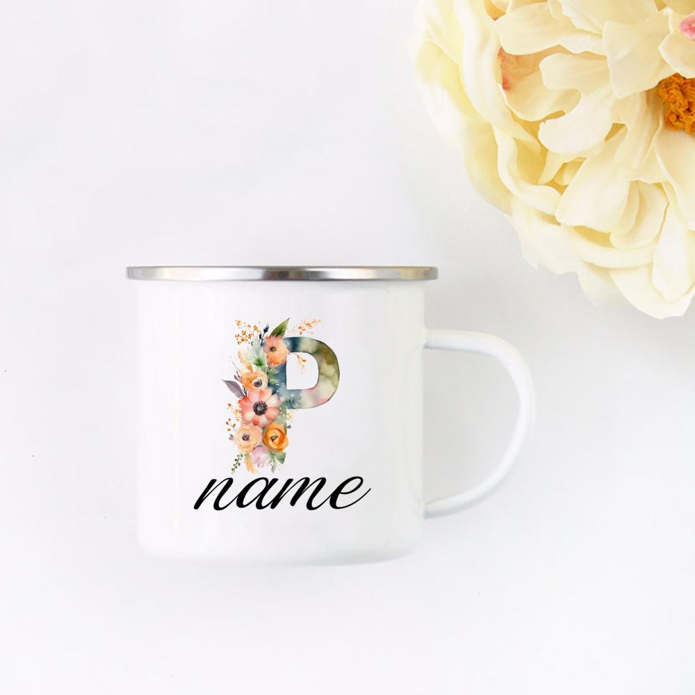 Personalisierte Blumige Initialen Namensbecher Benutzerdefinierter Name Tee Kaffee Heiße Schokolade Tasse Braut Brautjungfer Muttertag Geschenk für Sie