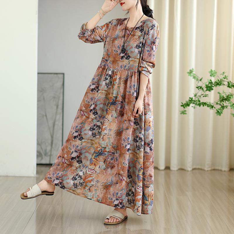 Dimanaf Ny 2025 Dame Plussstørrelse Vår Lang Kjole Løs Basic Vintage Oversize Langermet Maxi Blomstret