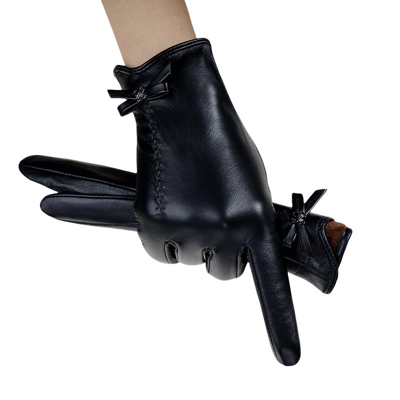 

Популярные черные перчатки с бантом для женщин из натуральной овчины весенне-зимние теплые удобные перчатки для девушек модные женские короткие перчатки L