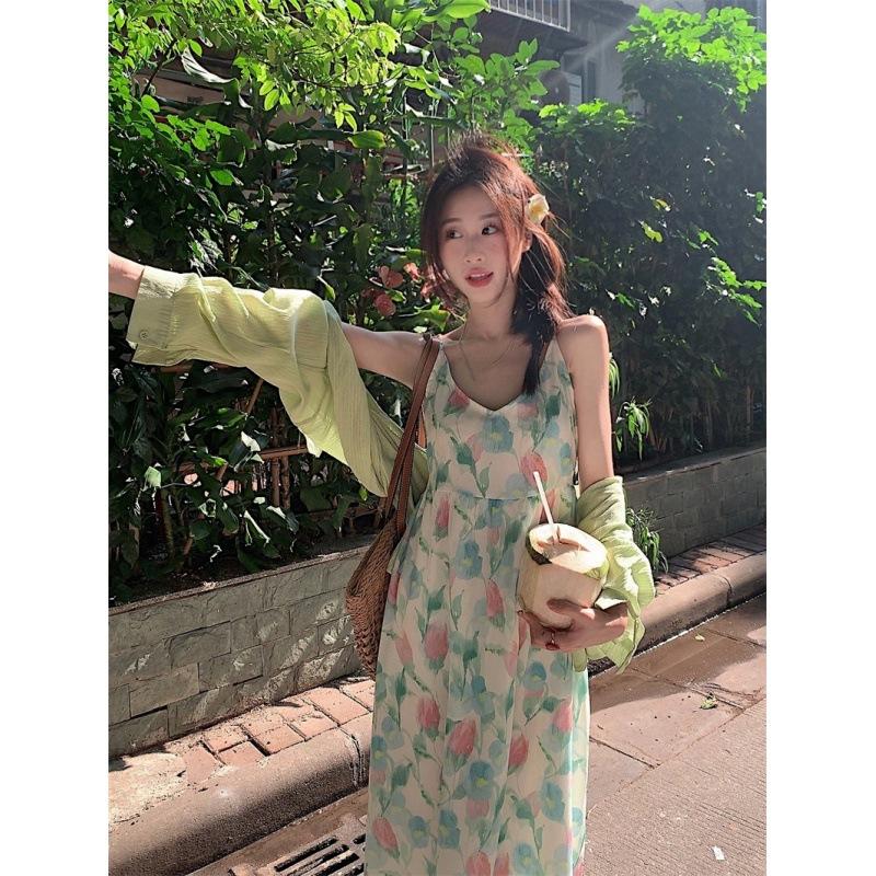 Sommer Tulpe Urlaub Stil Strapsrock Sommer Süße Smudge V-ausschnitt Strapsrock Süße Strand Kleid