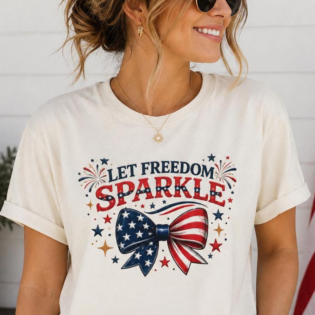 Let Freedom Sparkle Patriotic Bow Shirt, Women's USA Independence Day Tee