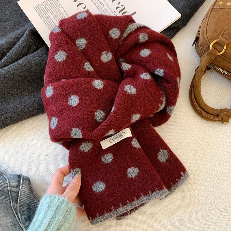 Korean Lazy Wind Polka Dot Double-sided Knitted Plush Scarf Women's Autumn and Winter Warm Versatile Thickened Neck Protection Small Scarf