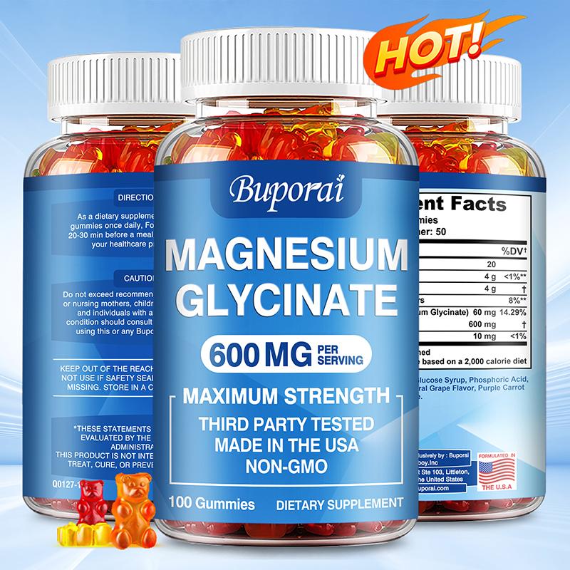 Buporai Magnesium Glycine Gummies, 600 Mg Per Serving, Support Muscle Relaxation, Vegan and Safe.