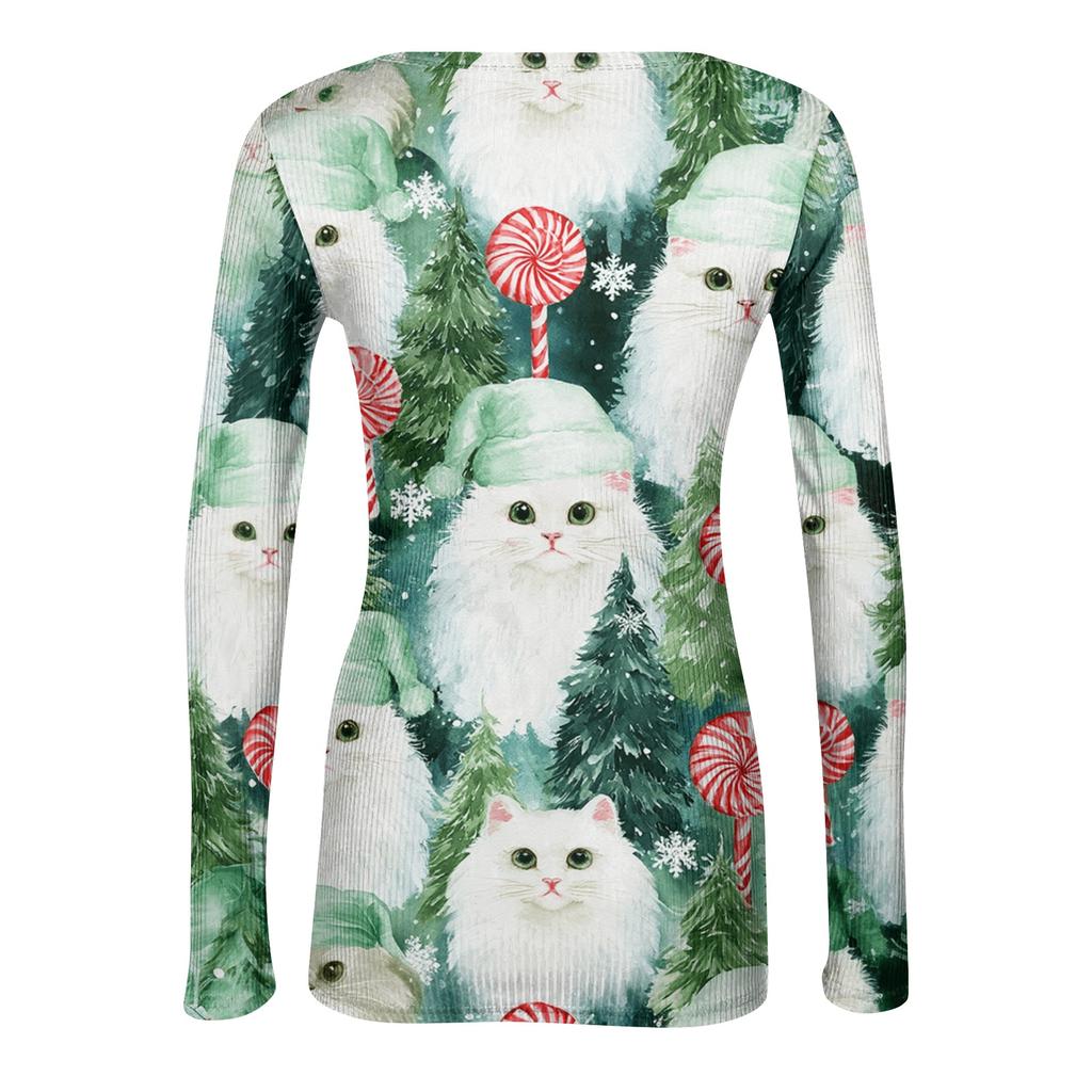 Women's Casual Christmas Print Long Sleeve Ribbed Knit Top with Round Neck