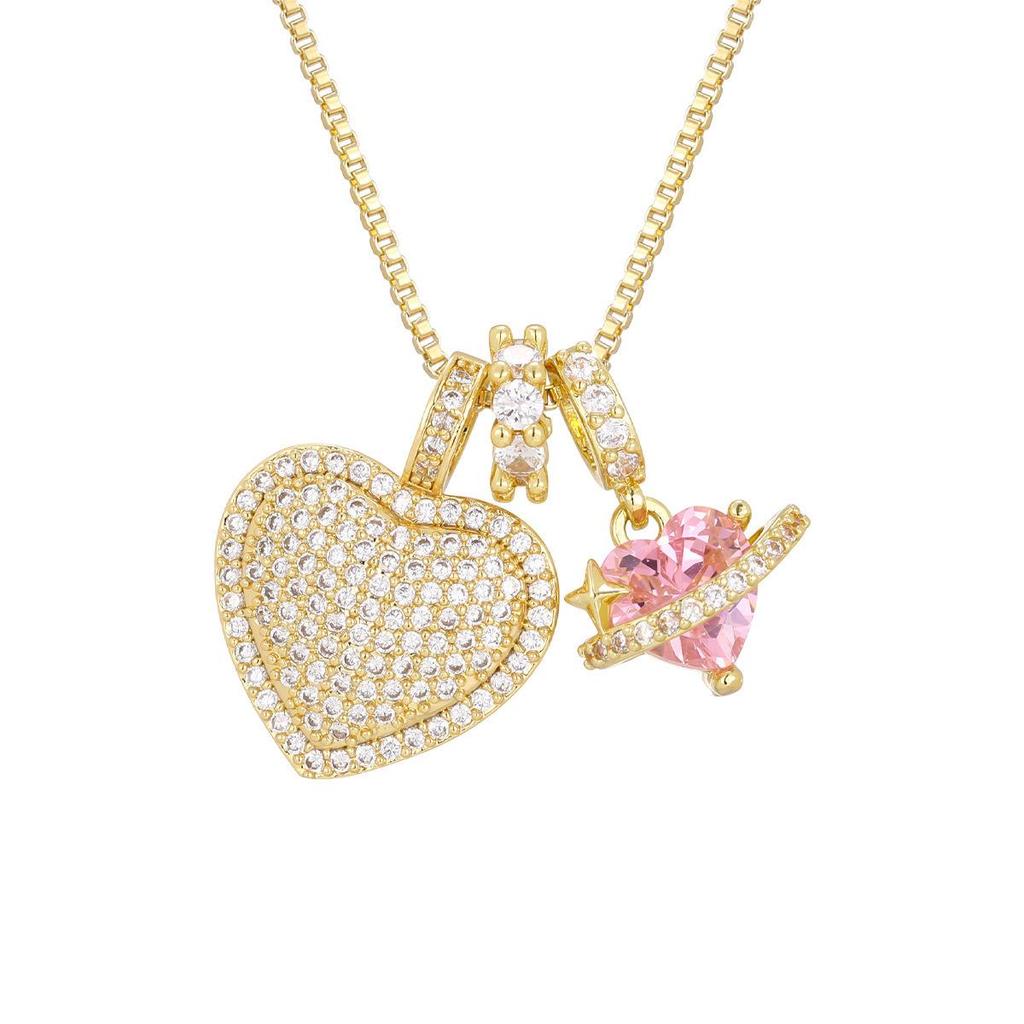 Heart-shaped Zircon Inlaid Copper Necklace with Full Diamond Pendant - Hip Hop Style