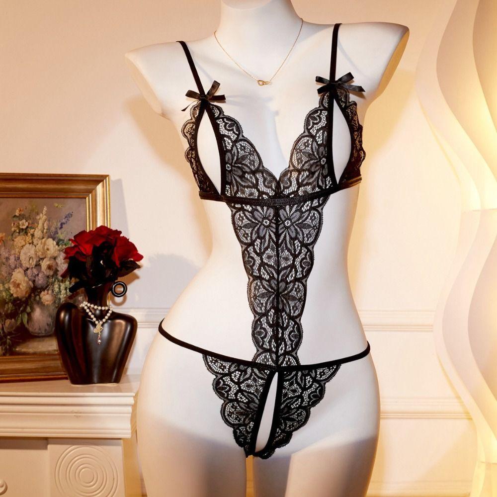 Mesh Hollow Women Lingerie Deep V Neck Lace Sling Nightwear Sweet Lace Bow Bodysuit  Gifts