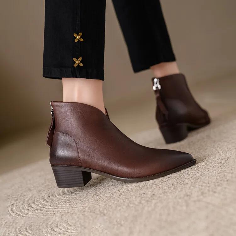 Fashion New Women Genuine Leather Ankle Boots Pointed Toe Chunky Heel Boots for Women Winter Fashion Short Boots Concise Women Boots