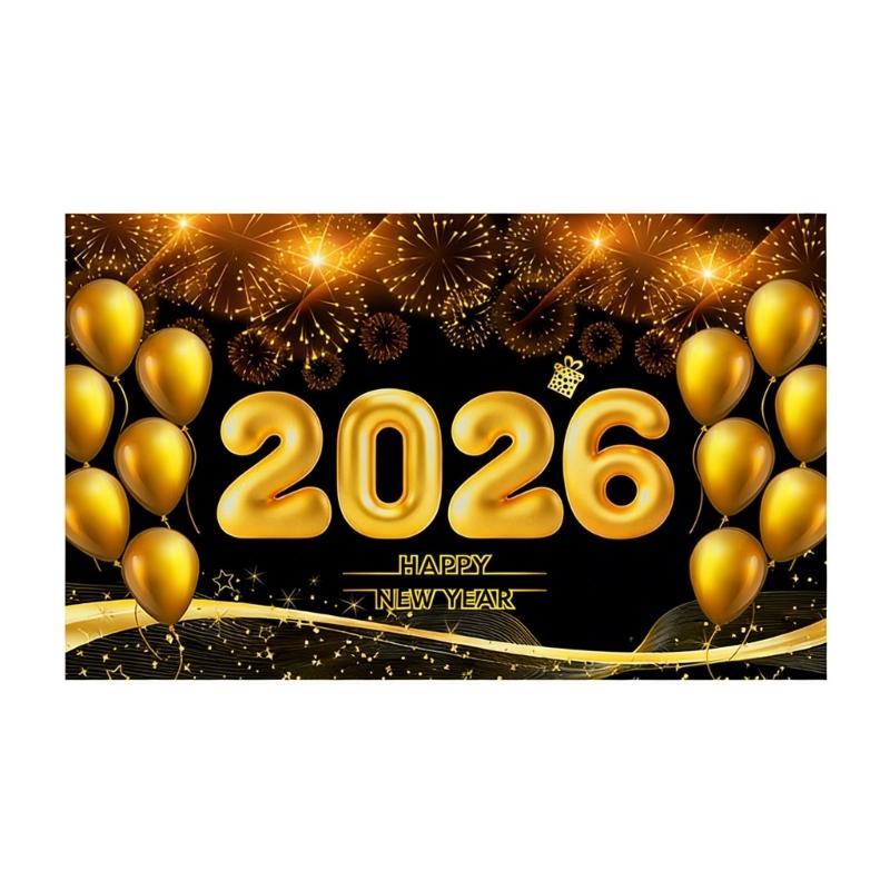 Happy New Year 2026 Banners With Balloon Pattern Decoration For Outdoor Indoor Festives Event Photoshoot Backdrop Favor