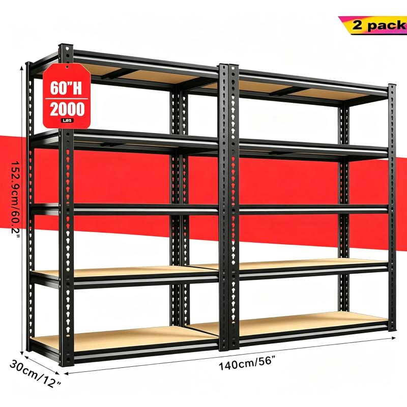 60/72 Inch Two-piece Heavy Duty Storage Shelves, 2000LBS Capacity Metal Shelving Unit, Adjustable Garage Shelves & Organizer with Overlap Design for