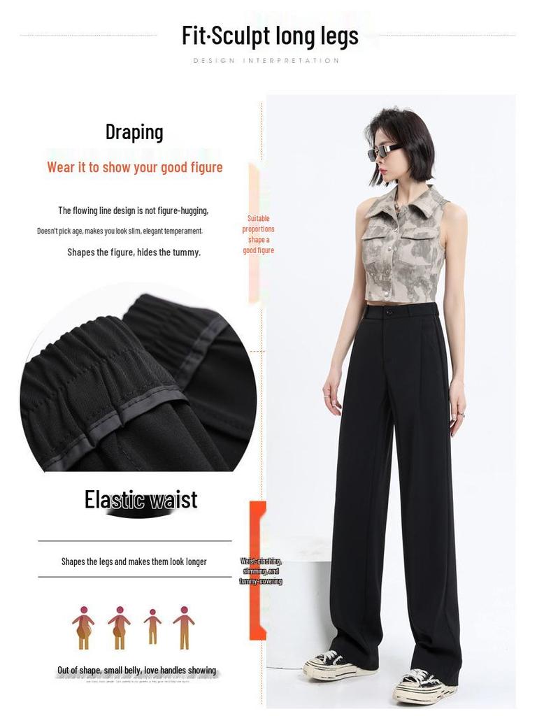 Women's Gray High-Waist Wide-Leg Pants: Spring/Autumn Slimming, Elegant Drape, Floor-Length, Straight-Leg