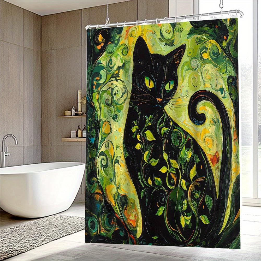 Artistic Black Cat Shower Curtain -Waterproof,Mildew-Resistant with Vibrant Green Swirls for a Unique and Stylish Bathroom Decor