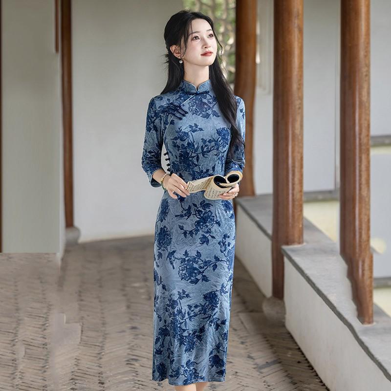 Womens Modern Chinese Style Long Sleeve Cheongsam Dress Vintage Slim Fit Wear