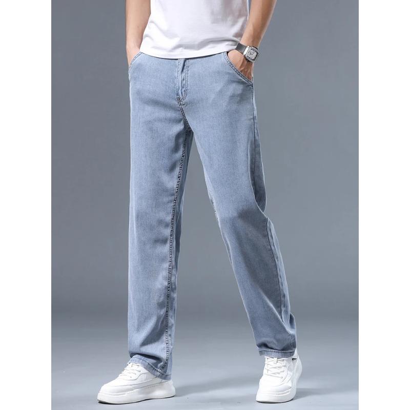 Summer Ultra-thin Men's Jeans Lyocell Soft Breathable Loose Straight Light Blue Denim Pants Business Casual Ice Silk Trousers