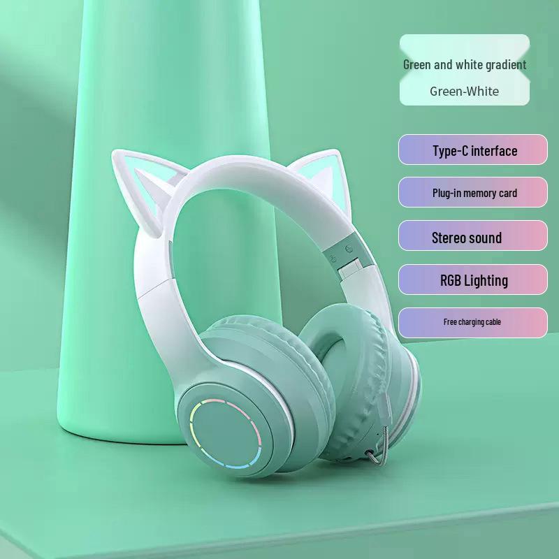 2025 New Cute Wireless Over-Ear Cat Ear Headphones with Mic, Noise Cancelling for Children's Gaming - Girls' Style