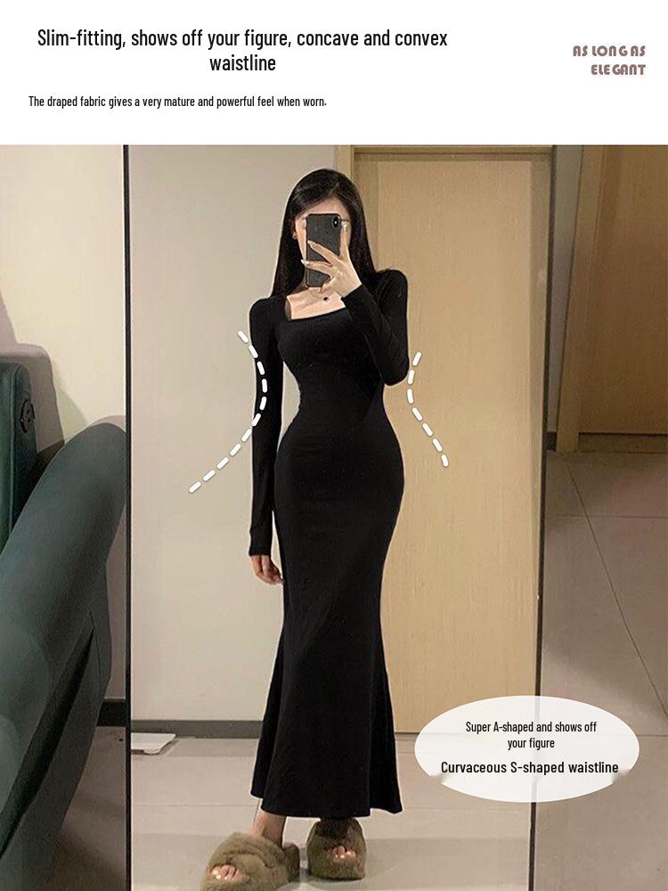 Black Fishtail Bodycon Dress for Women - Sexy, Slim-Fit Stepmother Style for Early Autumn