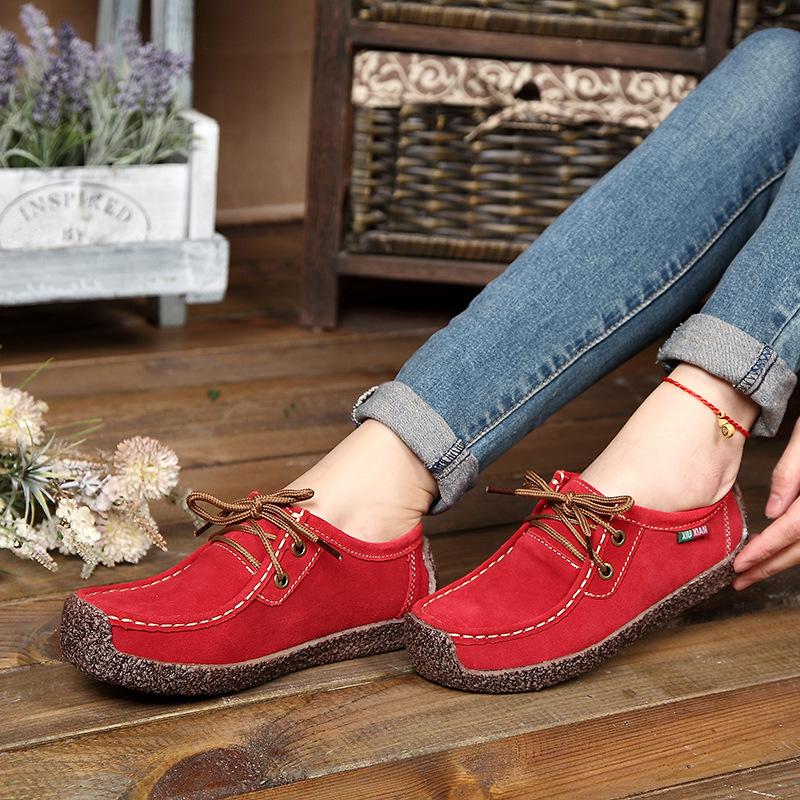 2025 Autumn Korean Lace-up Genuine Leather Women's Loafers, Casual Flat Bottom, Plus Size