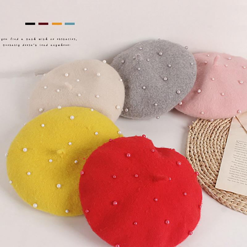 Kids Winter Hat For Girls Retro Baby Beret Hats With Pearls Autumn Winter Kids Cap For Children Accessories