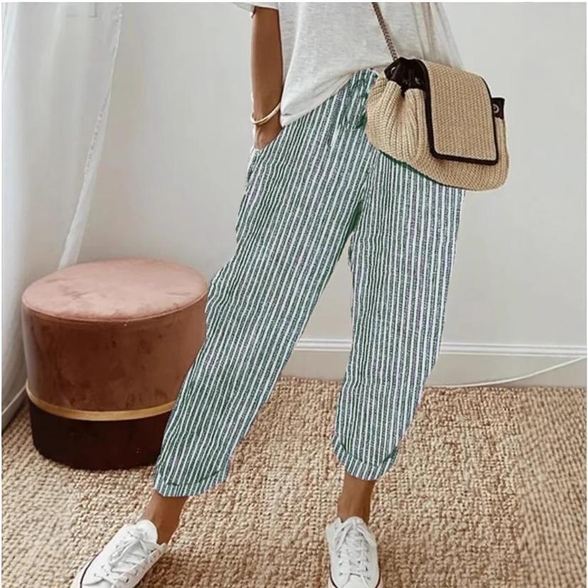 Women's Summer Fashionable Loose Stripe Printed Elastic Waist Drawstring Casual Pants