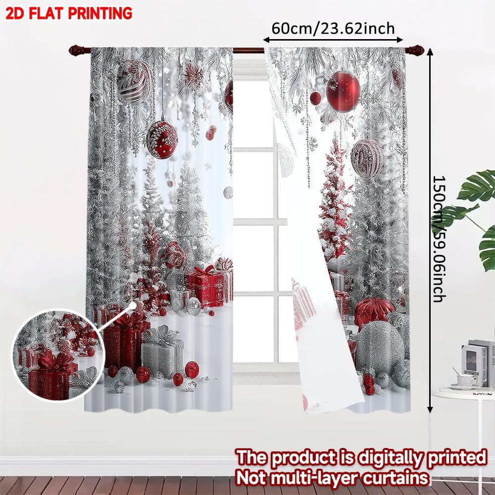 2D flat printing 2pcs Popular Christmas curtains Christmas Red and Silver Digital Printed Polyester Drapes Holiday Decorations