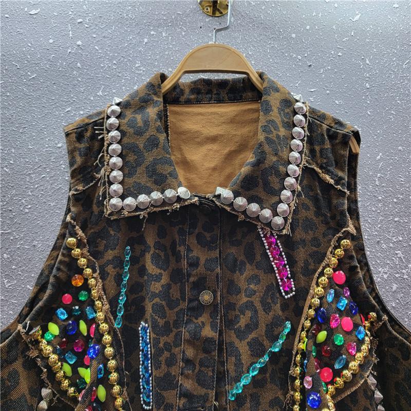 European and American leopard print denim vest women's summer sleeveless vest versatile outer wear vest foreign style short jacket cross-border trendy