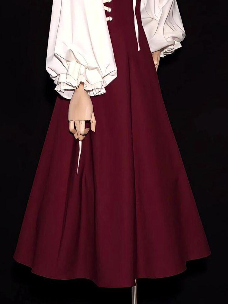 French Retro Hepburn High-Waisted Tie-Up Strap Dress & Lantern Sleeve Shirt Set
