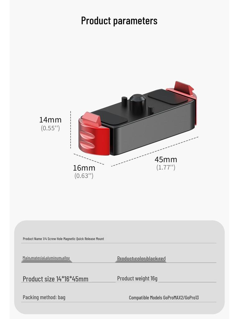 Supporto magnetico a sgancio rapido per fotocamera GoPro Max2/13 con doppio adattatore da 1/4"