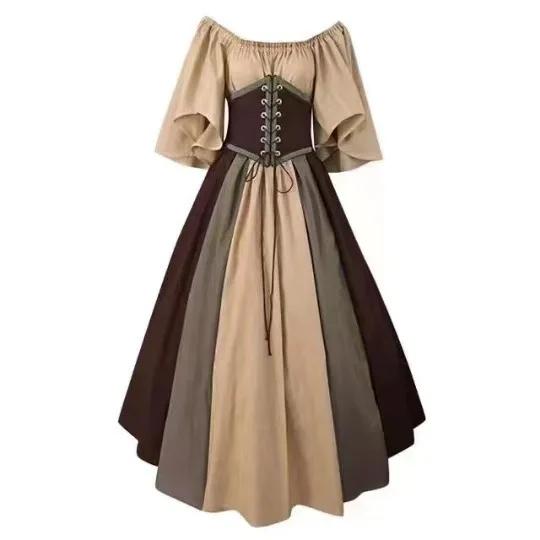 Halloween Costumes for Women Medieval Retro Contrasting Color Slim Swing Dress One-word Shoulder Dress Love Live Cosplay