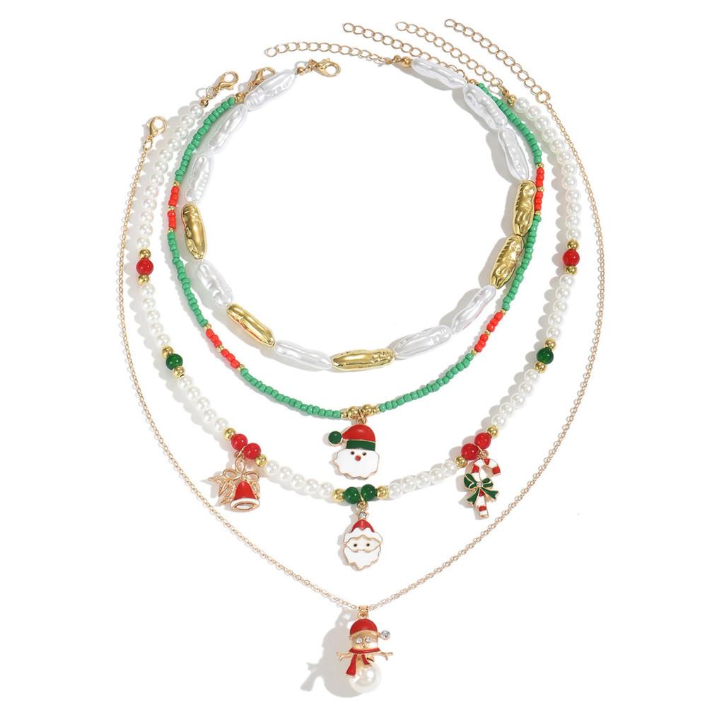 Winter Christmas Necklace With Cartoon Snowman And Bells In Artificial Pearl Style For Seasonal Gift