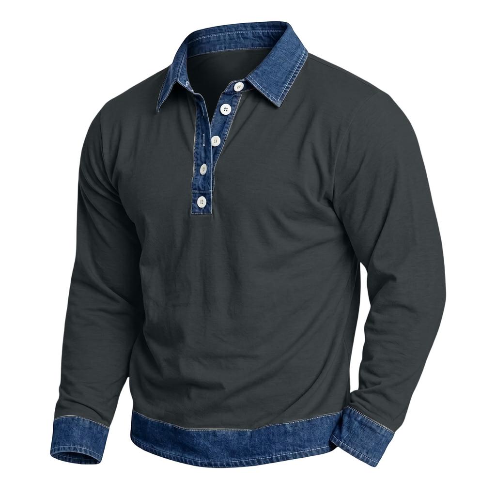 Herren Casual Patchwork Denim Langarmhemd mit Kragen