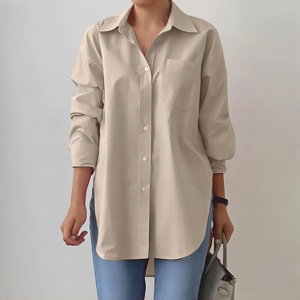 Women's Oversized Lapel Shirt - Elegant Long-Sleeve, Solid Color, Slit Hem for Spring and Autumn