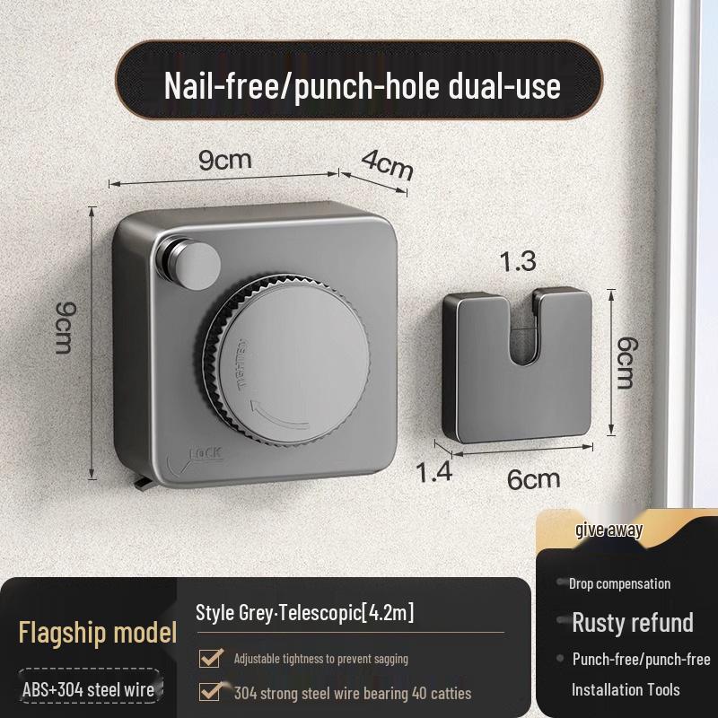 Retractable Invisible Indoor Clothesline - No-Punch Bathroom or Balcony Steel Wire Drying Rack