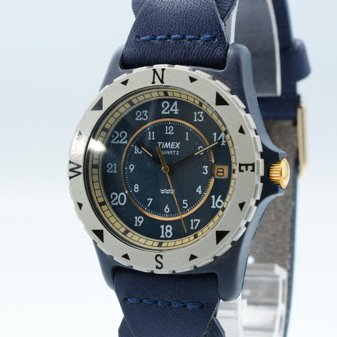 TIMEX Watch Quartz Navy Leather Belt Compass Bezel