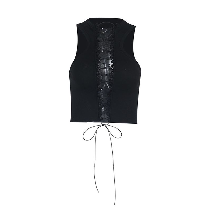 Outfitgirl Black Personalized Lace-up Sleeveless Tops 2025 Summer New Arrival All-Matching Slim Fit Cropped Tank Top