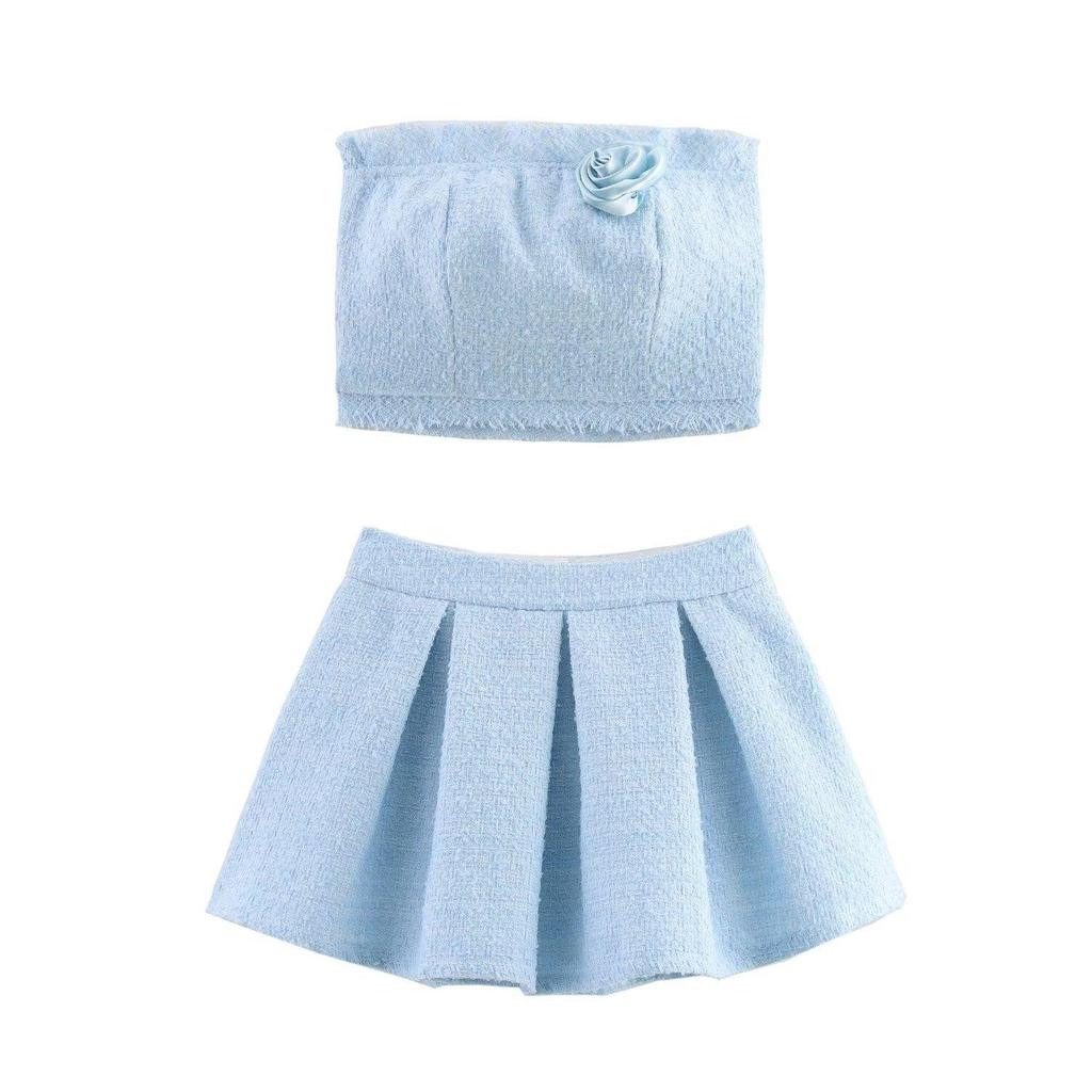 2025 Spring Women's European & American Style Tweed Strapless Top & Skirt Set