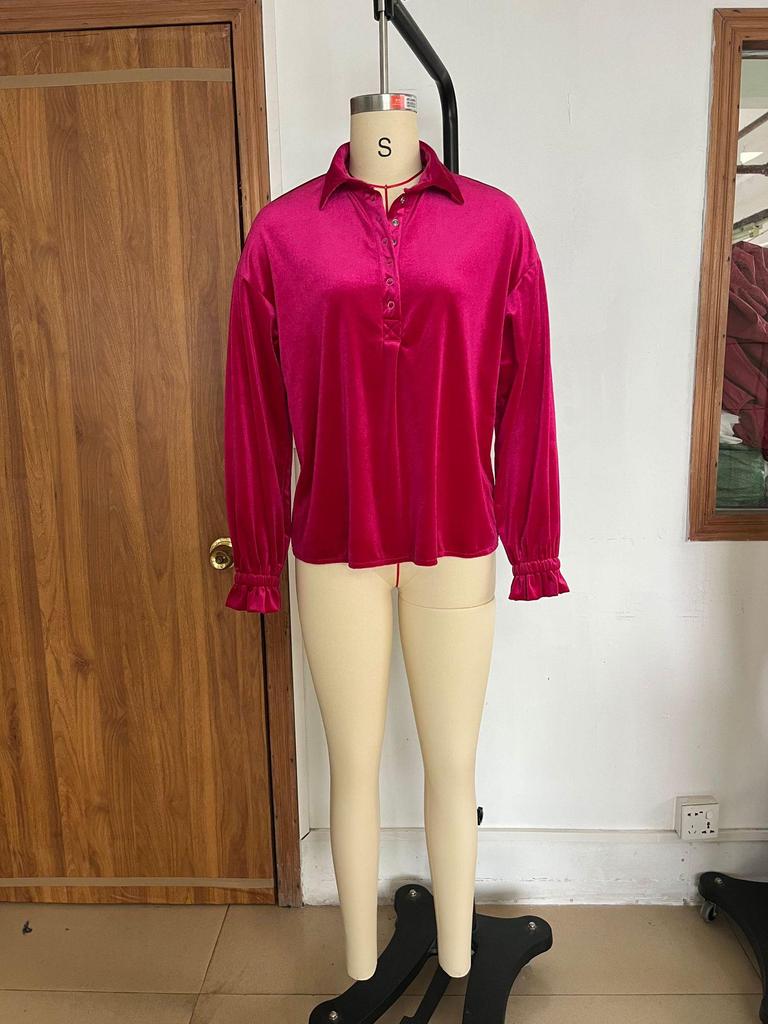 European and American Loose Button Casual Velvet Long Sleeve Polo Collar Shirt