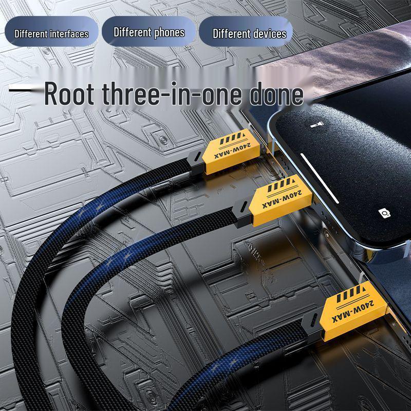240W Fast Charging 3-in-1 Cable for Apple 13, Android, and Type-C.