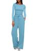 Solid Color Casual Long Sleeve Top and High Waist Wide Leg Pants Sportswear Set