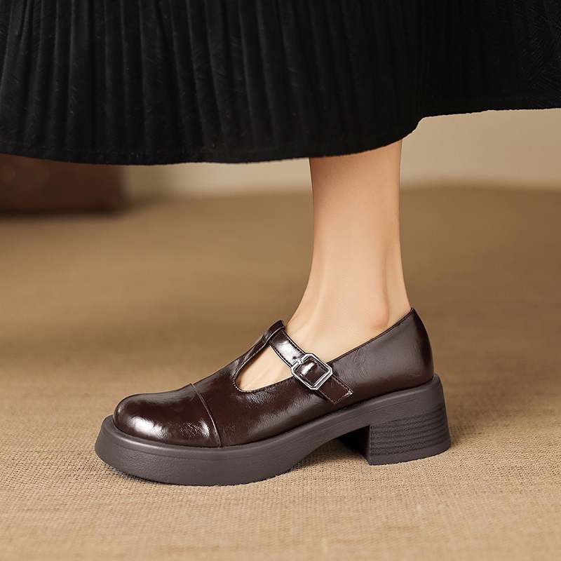 Krazing Pot Microfiber Round Toe Chunky Heels Spring Summer Shoes Big Size 43 Size 33 Women Buckle Straps Platform Pumps