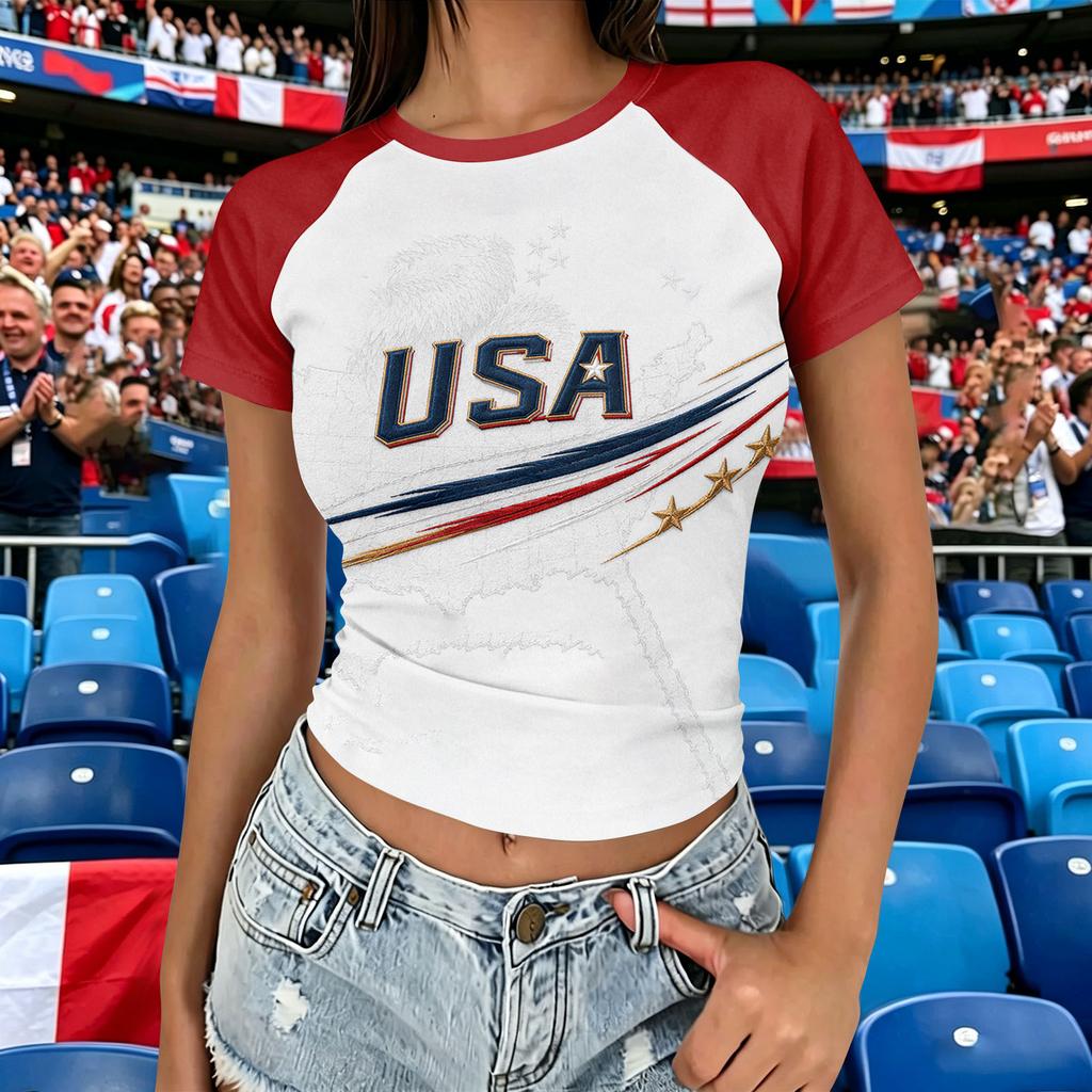 Damen V-Ausschnitt Kurzarm T-Shirt mit Buchstabenaufdruck - Lässiges Fußballfan Top