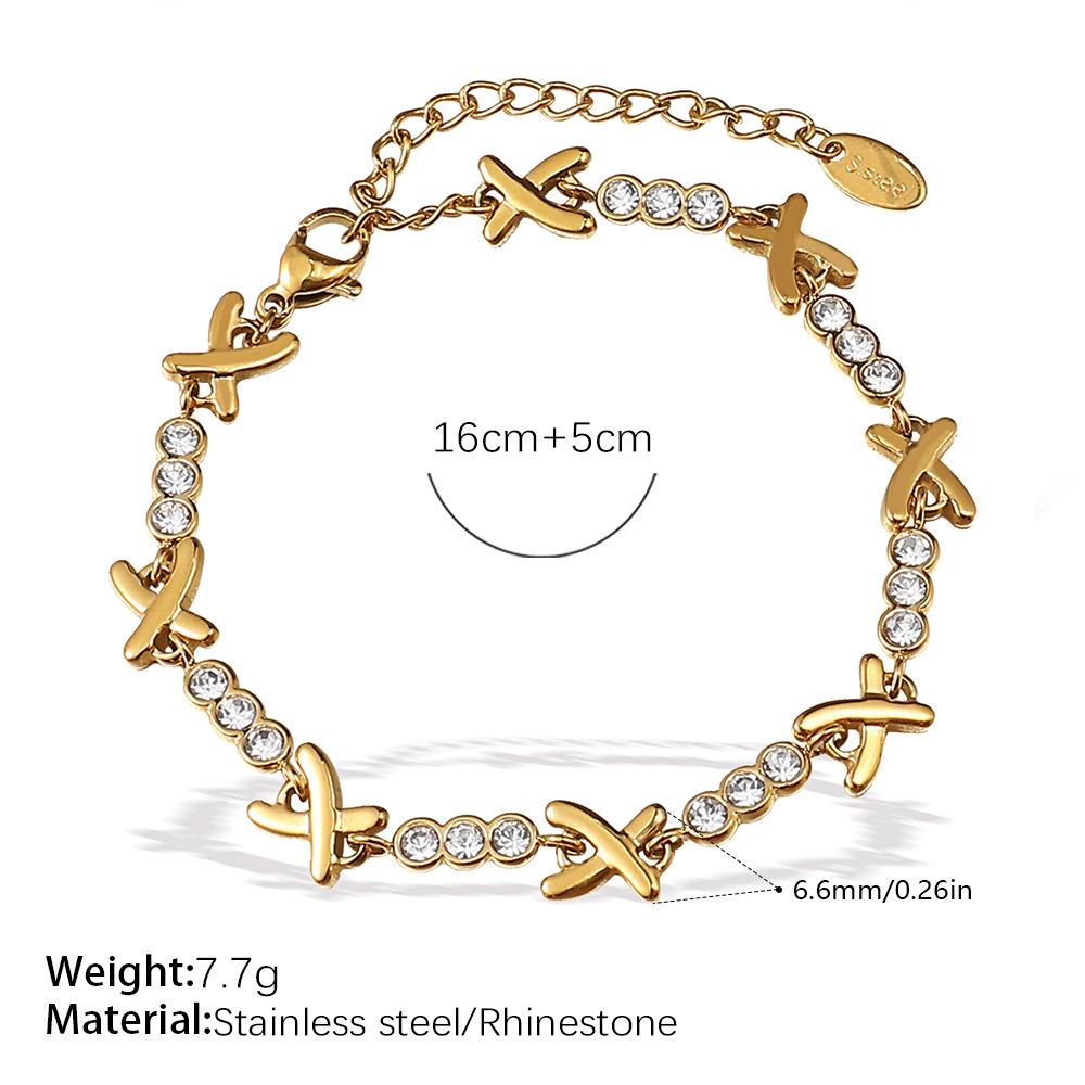 

2026 European and American Fashion Ins Necklace Bracelet Set Light Luxury X Type Rhinestone Plated 18K Gold Bracelet Women